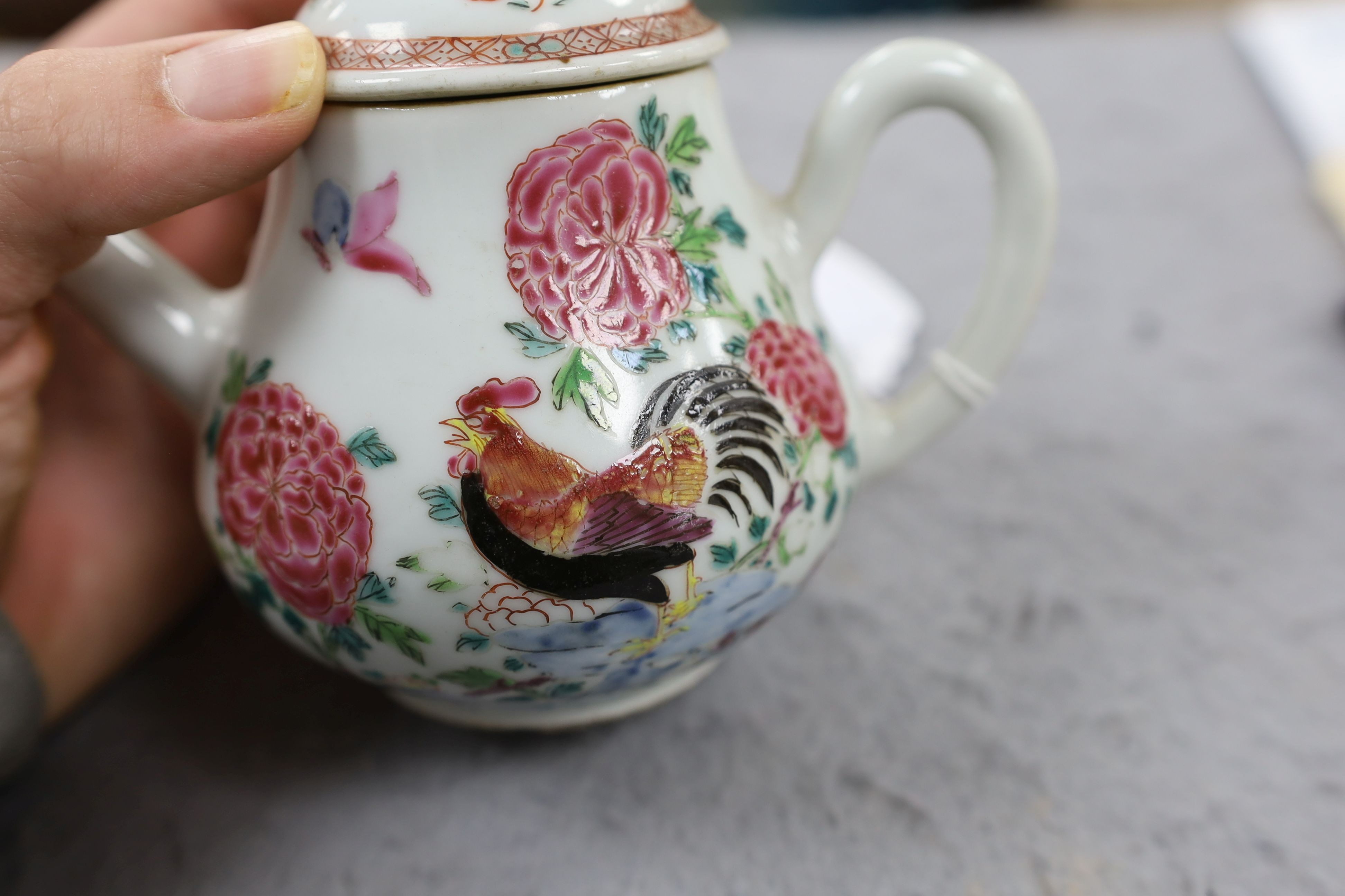 A Chinese famille rose ‘cockerel’ teapot, Yongzheng period, 12 cms high, 11.5cm high